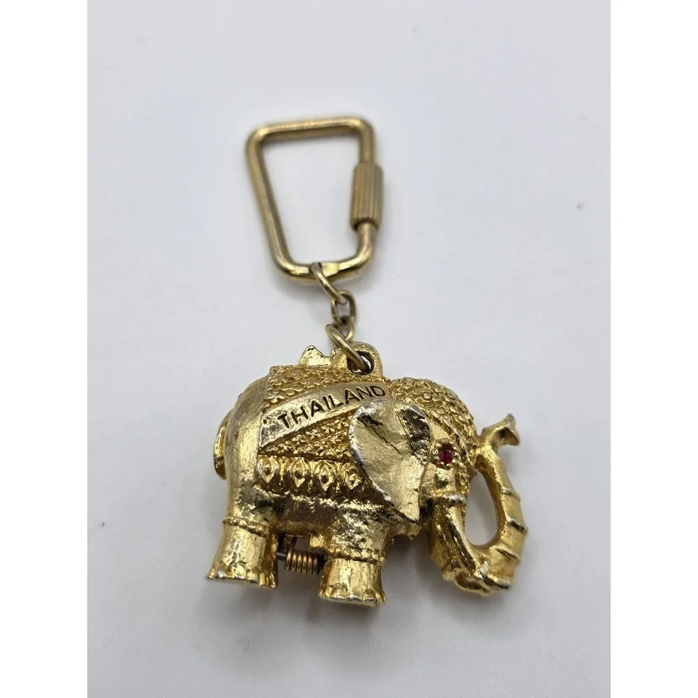 Bangkok Thailand Gold Tone Elephant Figure w/ Secret Compartment Keychain